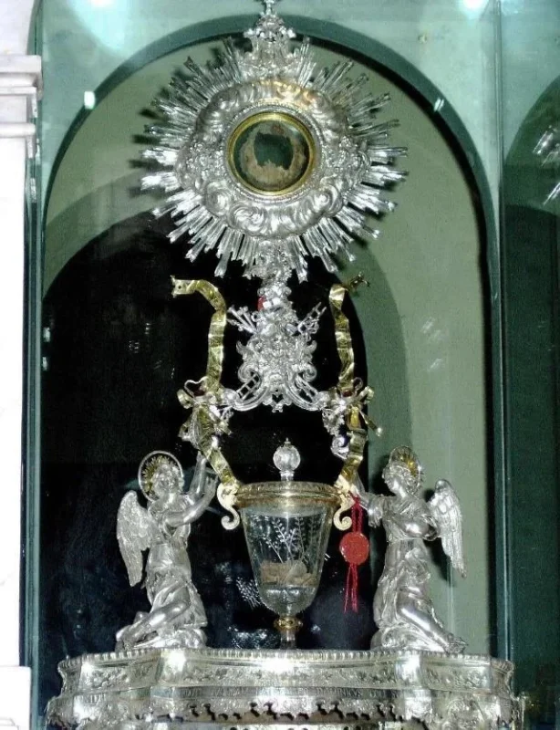 Catholic monstrance with relics and ornate decoration, Eucharistic Adoration display