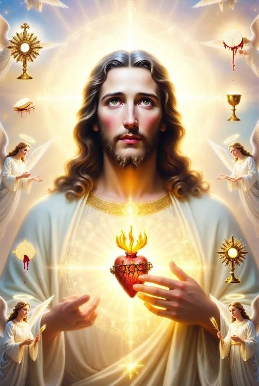 Sacred Heart of Jesus glowing with light and love, symbol of divine mercy.