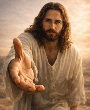 Jesus Christ reaching out His hand with a welcoming expression symbolizing salvation, hope, and God's love.