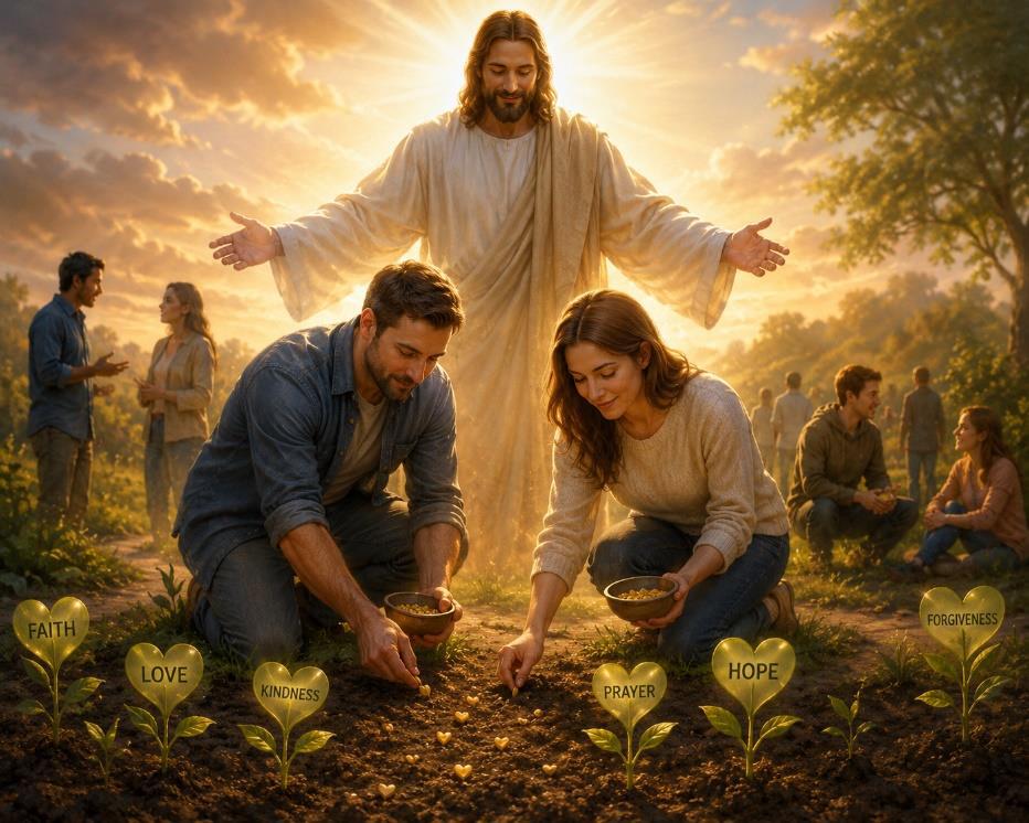 Christian family planting seeds together representing faith, spiritual legacy, and growing in God's love.