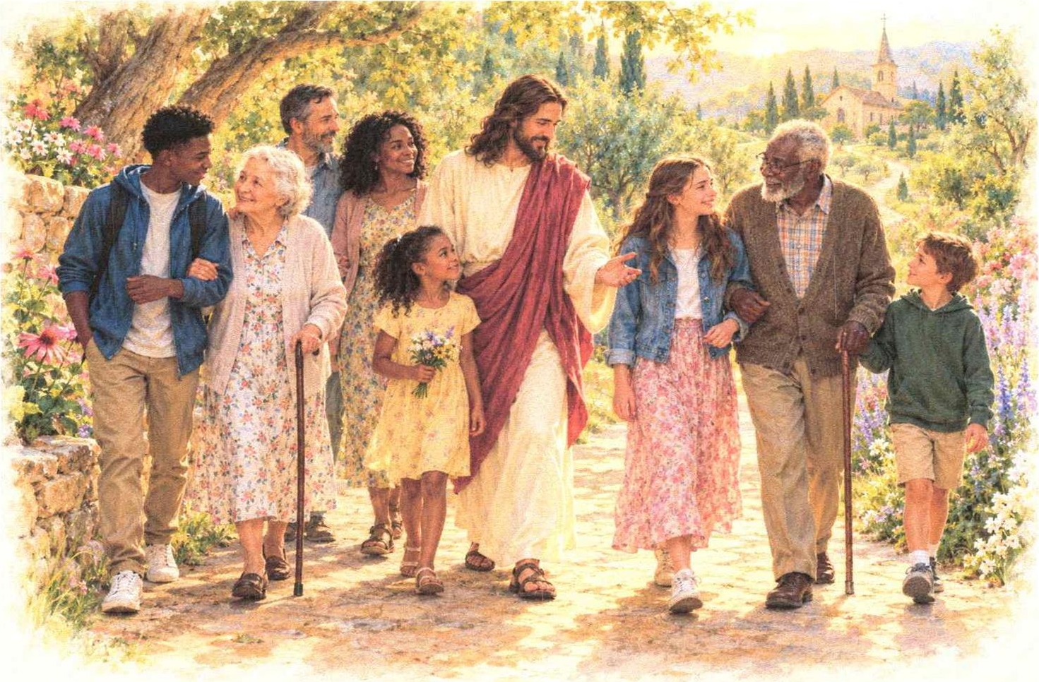 Jesus Walking with Young and Old